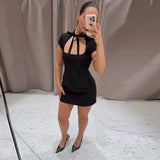 Fashion Polka Dot Mini Dress For Women Elegant Bow Tie Neck Short Sleeve Waist Slim Dress Lady 2026 Spring Summer Chic Vestidos
