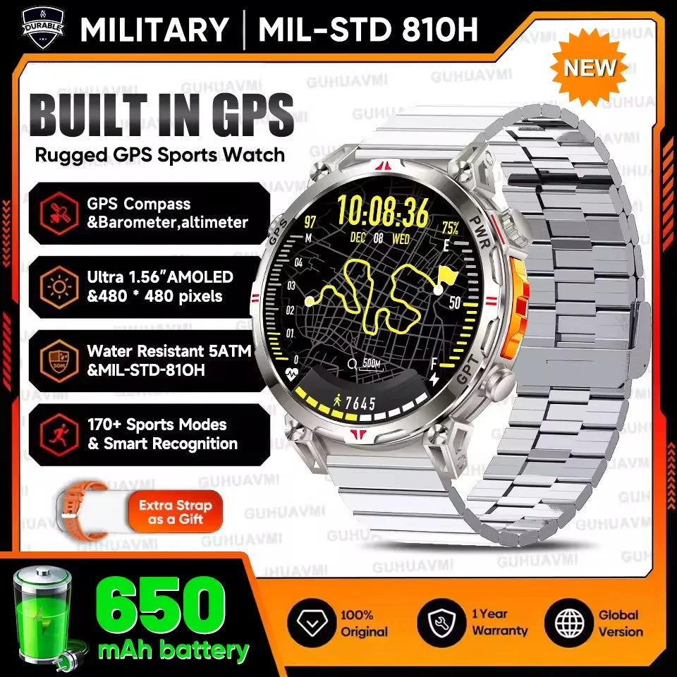 New Upgrade GPS Outdoor Sports SmartWatch Men With 5ATM Swim Compass Altimeter 1.56" AMOLED Heart Rate Bluetooth Call Smartwatch