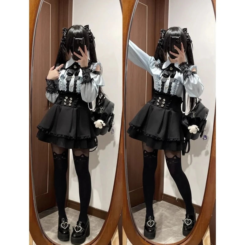 High Waist Lolita School orm Set Winter Faion oulder Bared irt And  Skirt Spicy Girl Clete Outfit Polyester ...