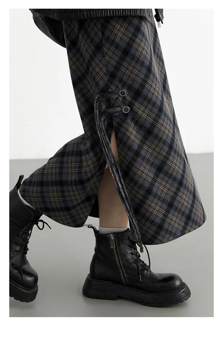 CHIC VEN Women Long Skirt Casual New Sweet Cool Style High Waist Slit Plaid Half Skirt Straight Tube Skirts Spring Autumn 2024