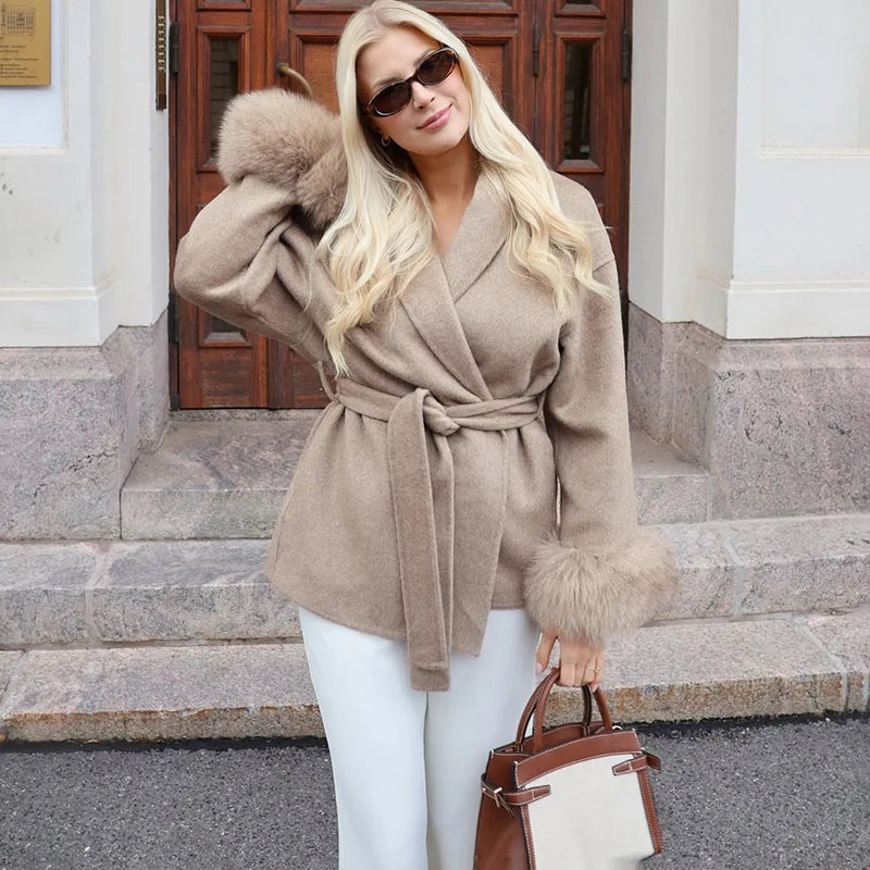 Elegant Fox Fur & Double-Sided Wool Coat