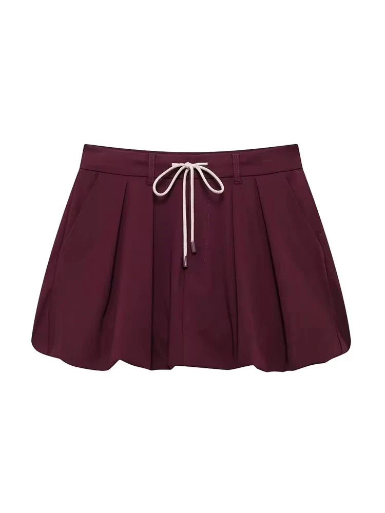 Casual Women 2 Pieces Sets Waist Lace Up Lantern Edition Mini Skirt Sets Solid Pocket Decorative Jacket Top Women's Set