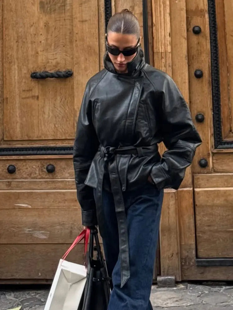 HH Women Fashion Black Short Faux Leather Trench Coat Long Sleeve Lapel Jacket With Belt Vintage Lady Motorcycle Jacket Outwear