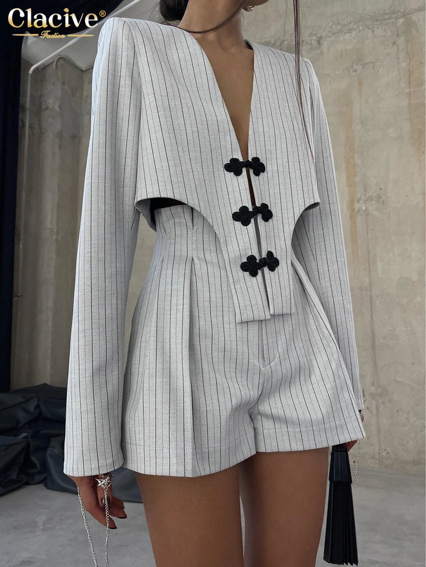 Clacive Fashion Stripe Print 2 Piece Sets Women Elegant Slim Long Sleeve Irregular Top With High Waist Shorts Set Streetwear