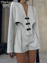 Clacive Fashion Stripe Print 2 Piece Sets Women Elegant Slim Long Sleeve Irregular Top With High Waist Shorts Set Streetwear
