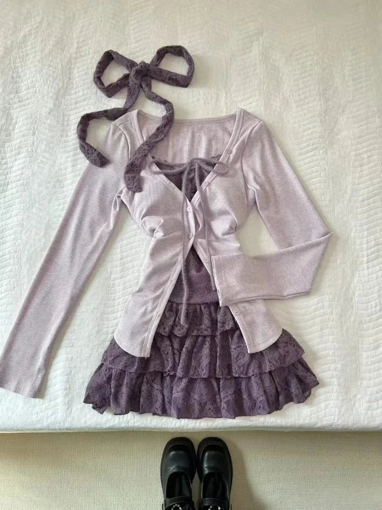 2025 Autumn Two Pieces Skirt Set Women Y2k Crop Tops T-shirt + Cake Skirts Japanese Kawaii Fashion Suits Chic Outfits Korean