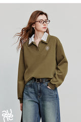 Women’s Green Colorblock Collared Sweatshirt