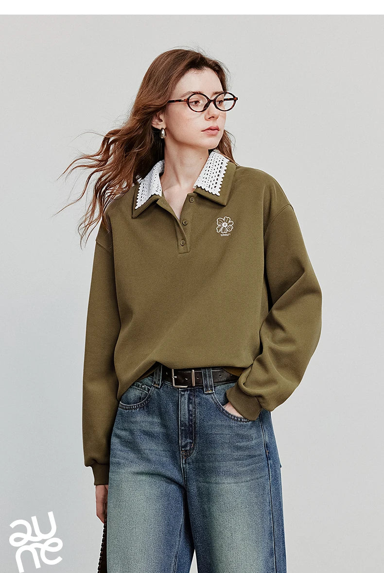 Women’s Green Colorblock Collared Sweatshirt