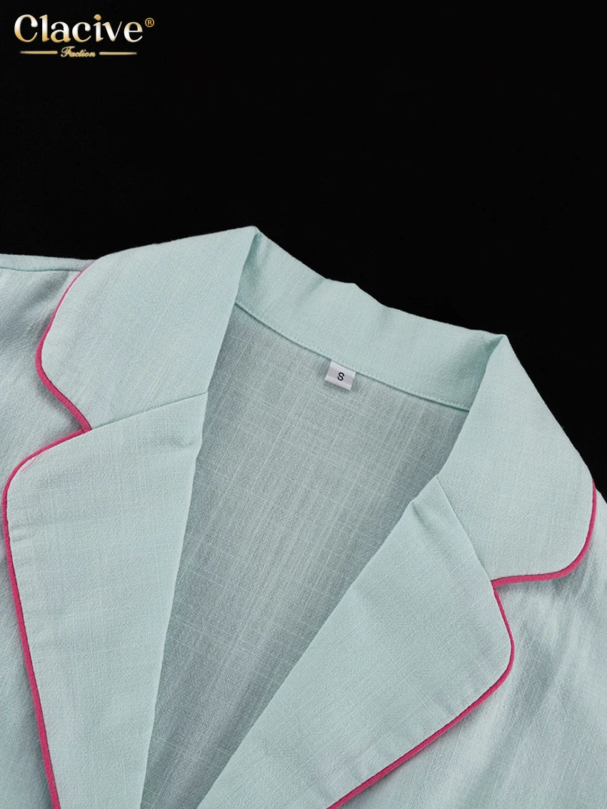 Clacive Fashion Loose Blue Cotton Home Women's Two Pieces Set 2025 Elegant Long Sleeve Shirt With High Waist Shorts Set Female