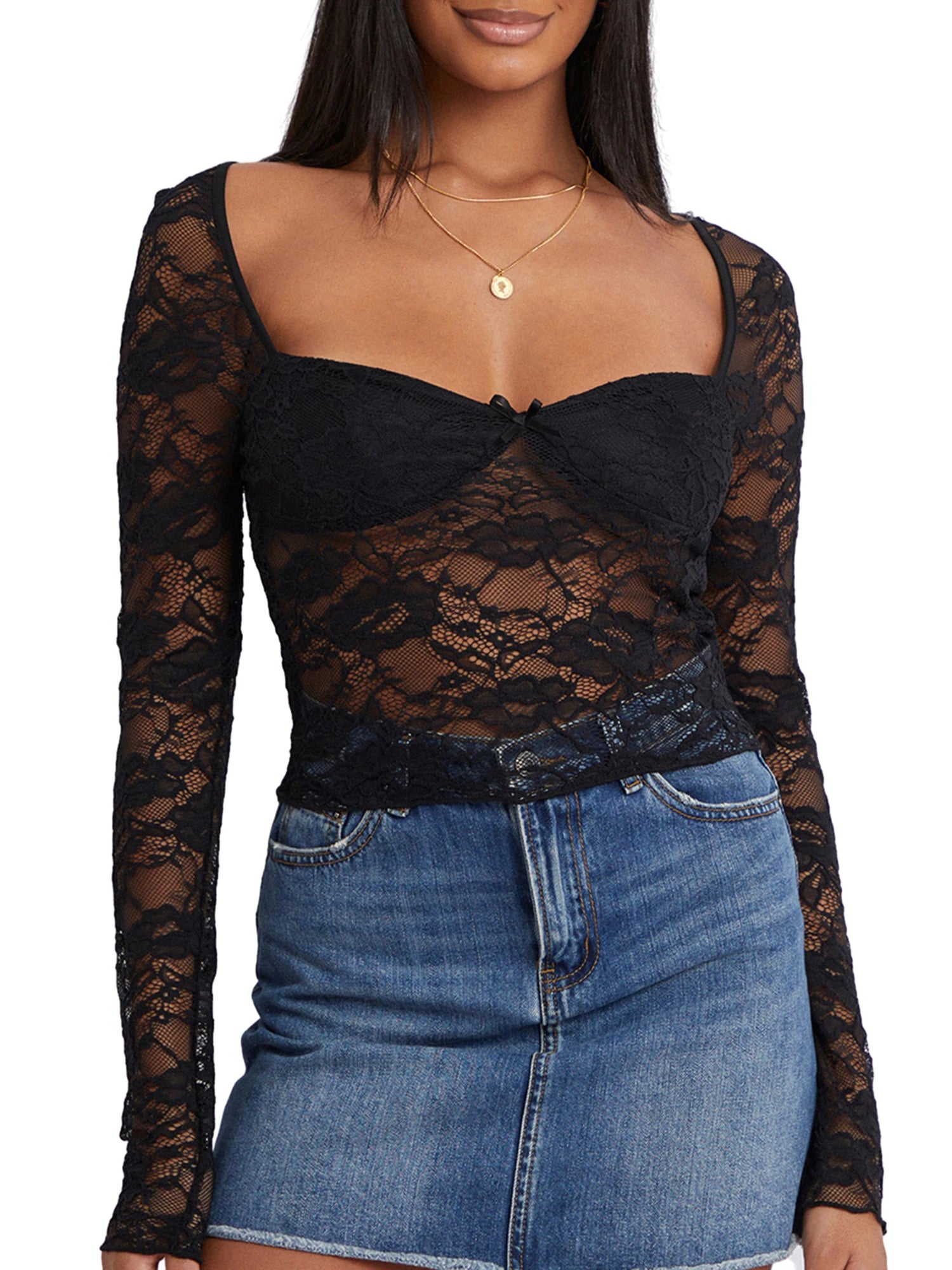 Floral Lace Long Sleeve Crop Top