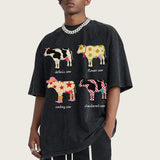 Cute Cartoon Cow Print T-Shirt Pure Cotton Washed Shoulder Round Neck Neutral Style Fashion Trend New High Quality Short Sleeves