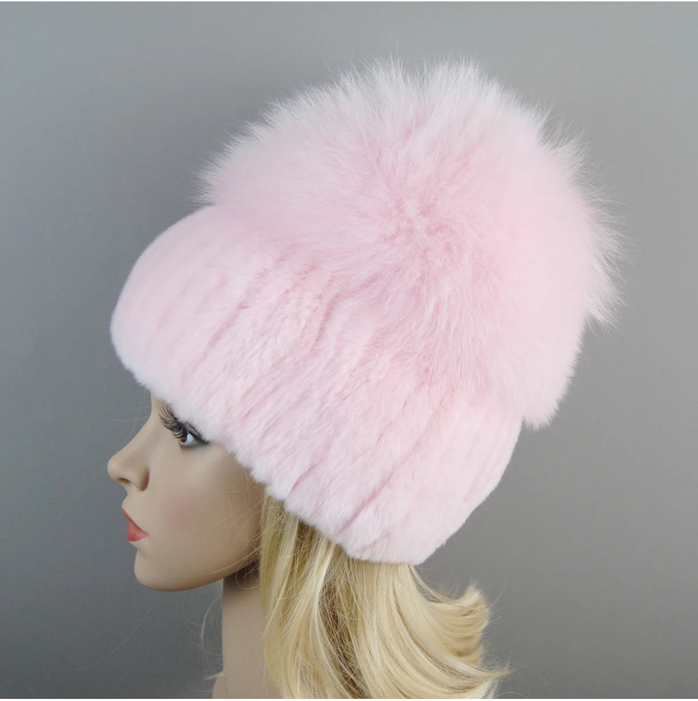 Women's Luxury Rex Rabbit & Fox Fur Beanie Hat