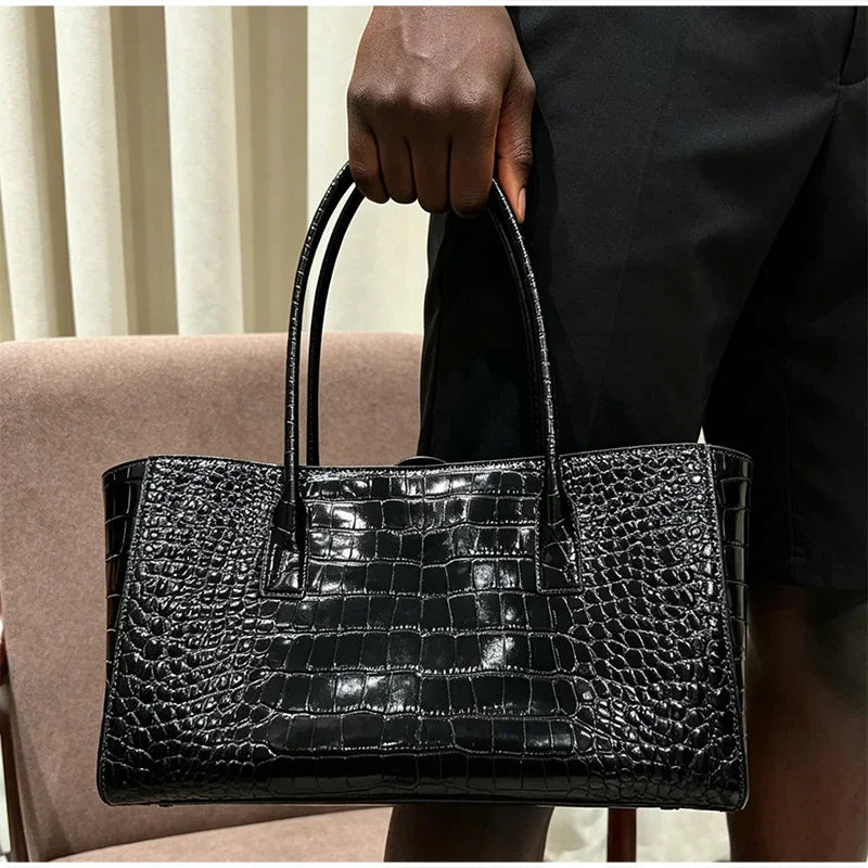 Crocodile Grain Embossed Top Handle Handbag,Luxury Tote Bag,Commute Work Chic Everyday Women Underarm Shoulder Bag,Black,Green