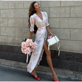 Print Chiffon Long Dress Women V Neck Half Sleeves High Waist Ruffles Belts Split Robe Female 2026 Summer Chic Vacation Dresses