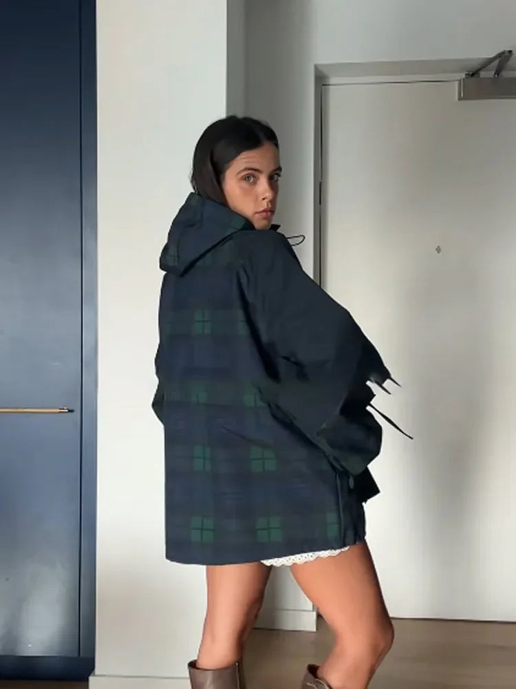 Vintage Plaid Oversized Hoodie Jacket for Women
