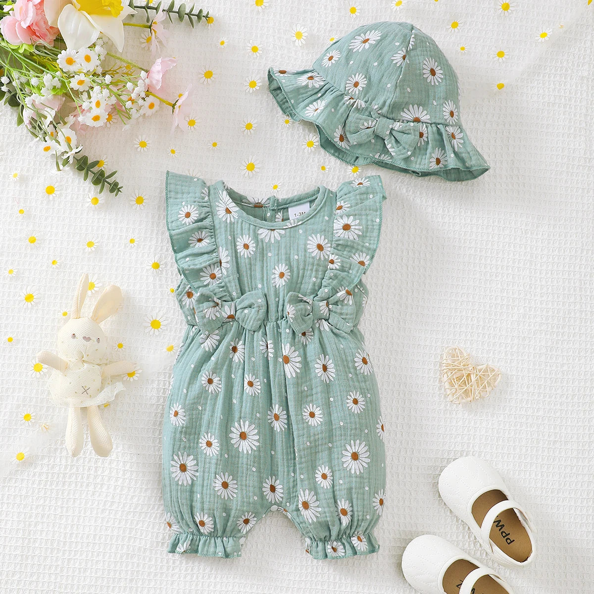 0-18 Months Baby Girl Clothes Set 2Pcs Daisy Print Romper Ruffle Bow Jumpsuit + Hat Summer Infant Newborn Casual Clothing Outfit