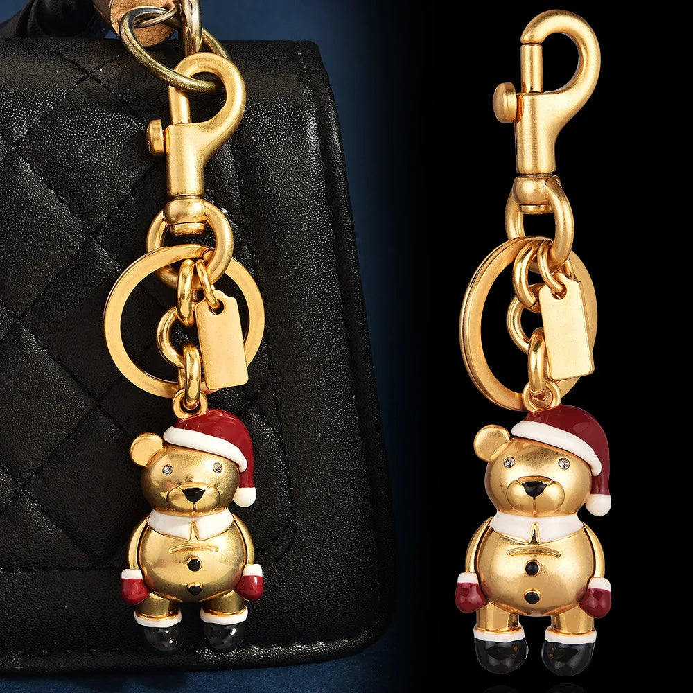 3D Metal Teddy Bear Keychain Heavy Duty Rose Gold Purse Charm Secure Trigger Clasp Accessory for Women Handbag Holiday Presents