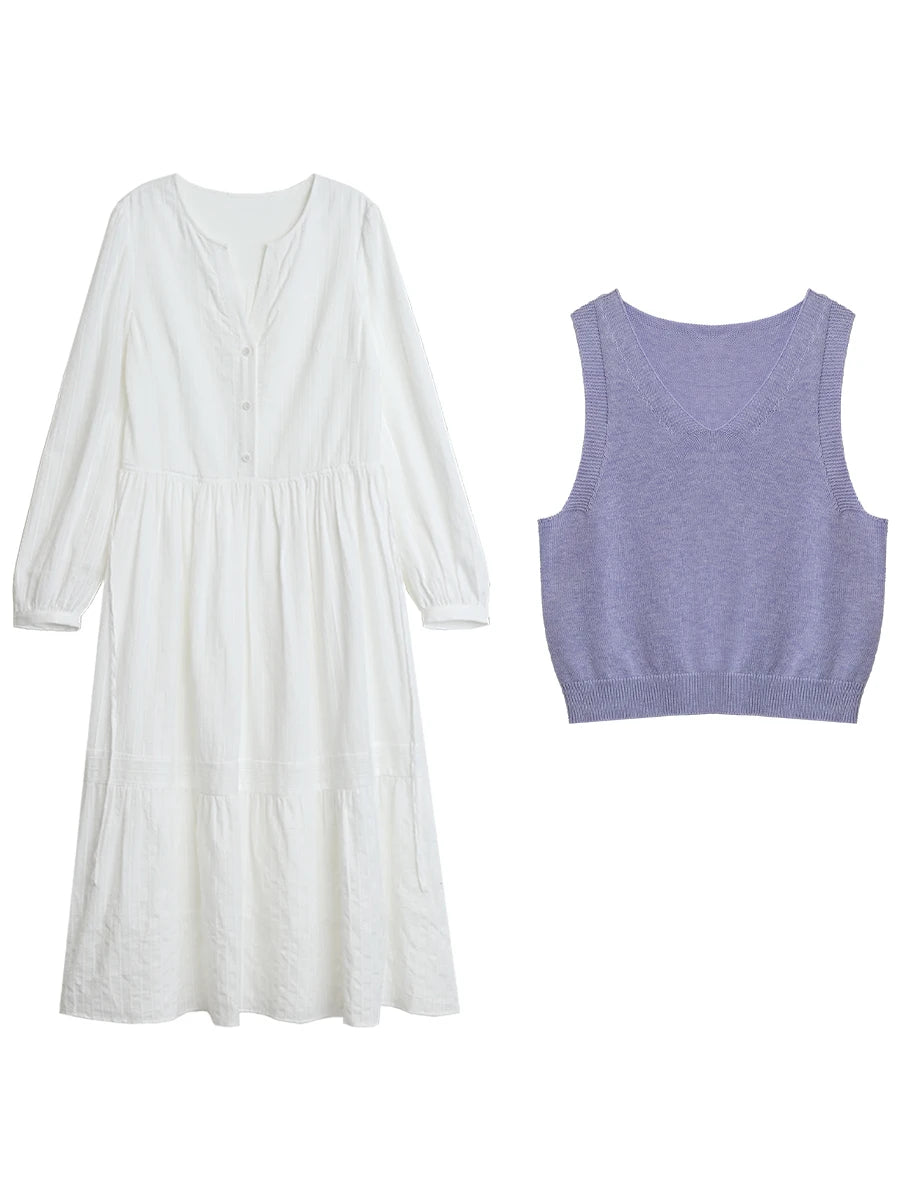 CHIC VEN Women Dress Sets A Line Long Sleeve Solid Loose Casual Female Long Dress with Knitted Vest Spring Autumn 2026