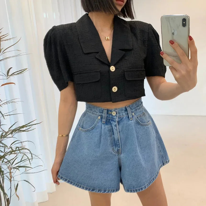High-Waist Washed Denim Wide-Leg Shorts -Made Casual Blue Jean Shorts