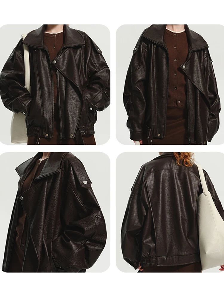 Lautaro Spring Autumn Cool Brown Oversized Pu Leather Jacket Women Long Sleeve Zip Up Luxury Designer American Retro Clothing
