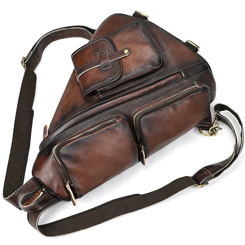 Single Shoulder Bagpack Genuine Leather Chest Bag Outdoor Riding Bag Chest Packs For Biker Men Male Sling Bags Cow Leather