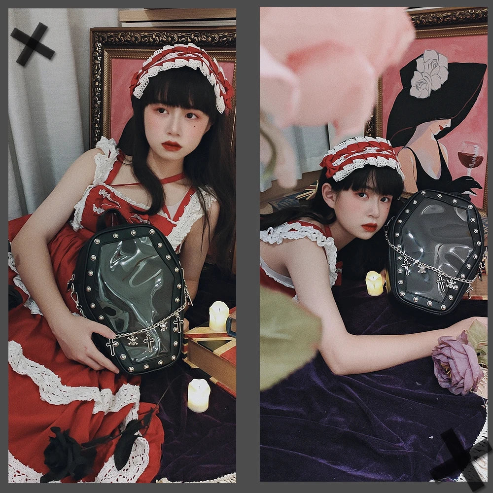 Gothic Punk Coffin Shape Ita Bag Women Clear Backpacks Dark Lolita Handbag and Shoulder Bag Girls Cosplay Designer 2 Insert