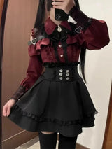 Japanese Y2K Aesthetics Vintage Bow Dress Shorts Set Women Gothic Lolita Style Long Sleeve Shirt Dress Elegant Party Dress Suits