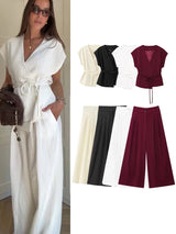 2-Piece Sleeveless V-Neck Trouser Set with Belt – Summer Commuter Wide Leg Suit