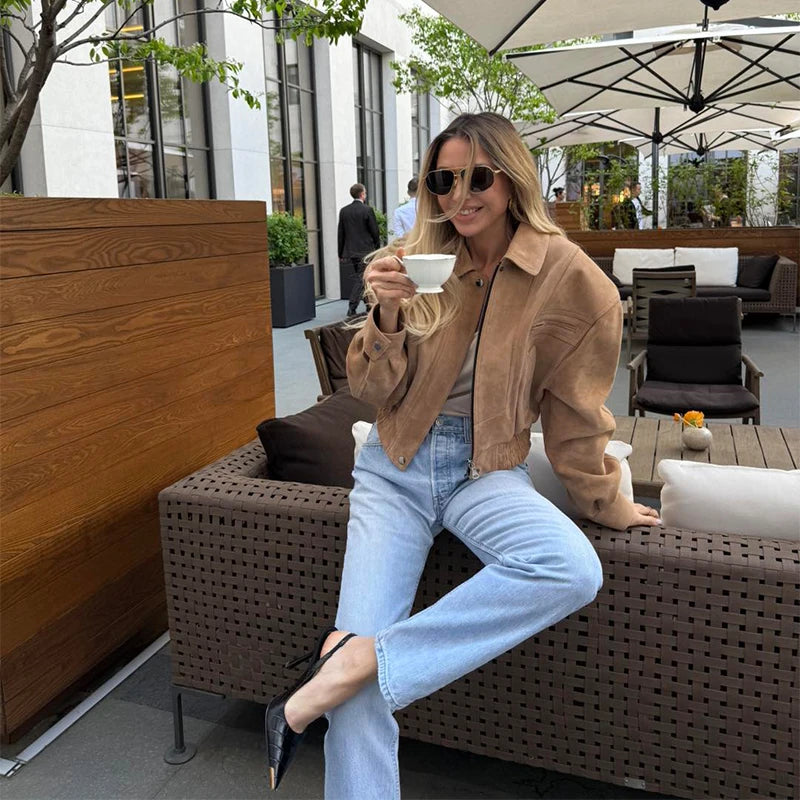 Vintage Suede Jacket For Women Long Sleeve Pocket Turn-down Collar Zipper Short Coat 2025 Autumn Winter Streetwear Lady Outwears