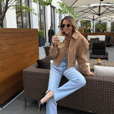 Vintage Suede Jacket For Women Long Sleeve Pocket Turn-down Collar Zipper Short Coat 2025 Autumn Winter Streetwear Lady Outwears