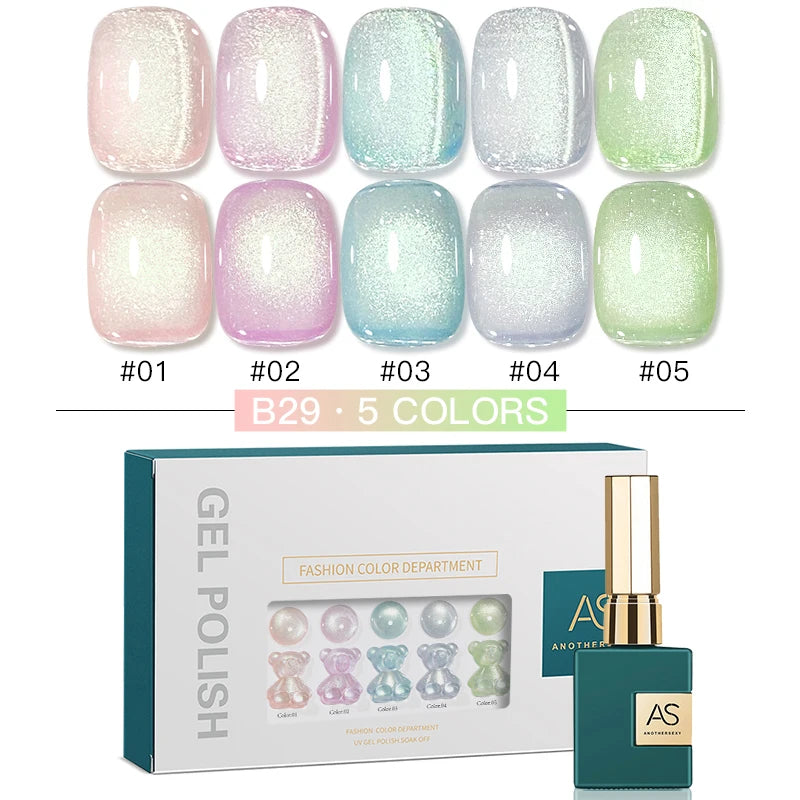 AS 15ml Glitter Cat Magnetic Nail Gel Polish Set 5 Colors Holographic Semi Permanent UV Gel Soak Off Sparkling Nail Art Varnish