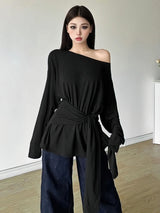 Sheer Oversized Off-Shoulder Long Sleeve Tee | Back Ribbon Detail