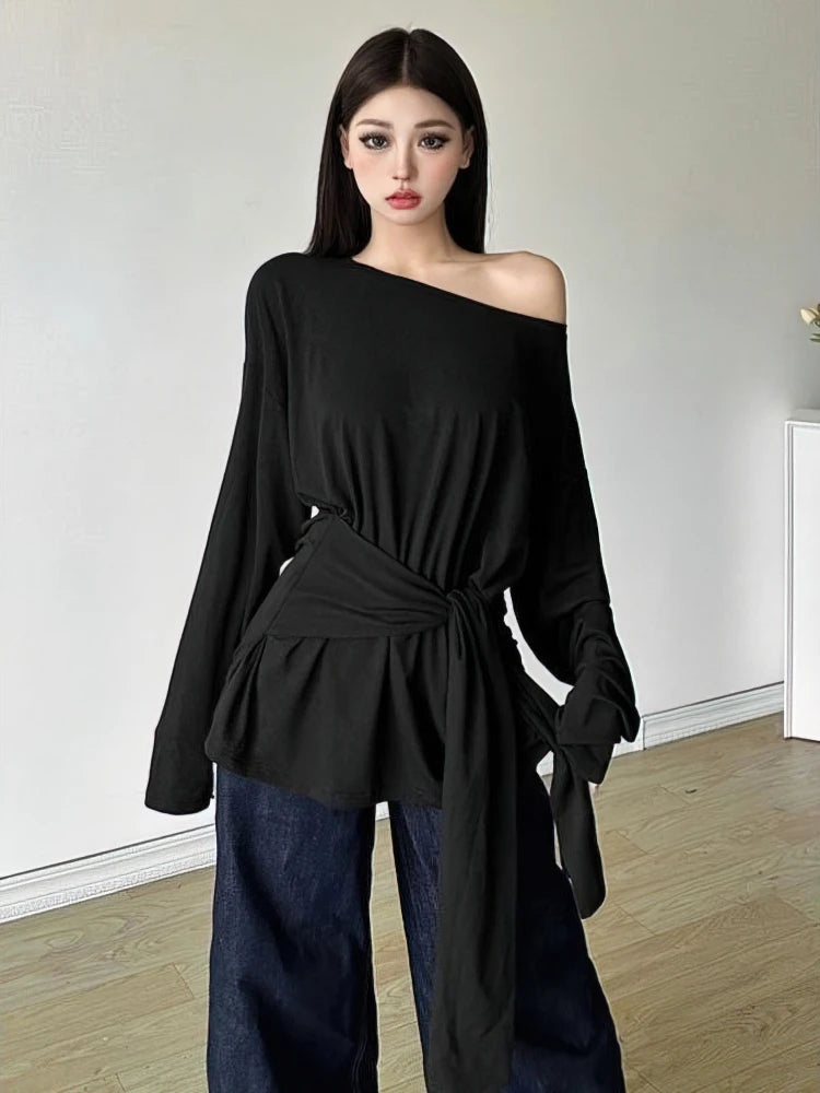 Sheer Oversized Off-Shoulder Long Sleeve Tee | Back Ribbon Detail