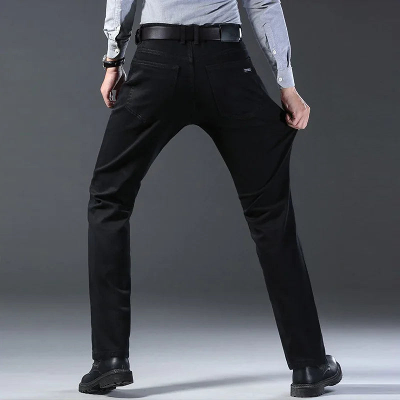 High Quality Autumn Winter Solid Color Black Men's Jeans Classic Stretch Denim Pants Work Business Cotton Trousers Plus Size 40