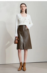 AMII Minimalist PU Leather Skirt for Women