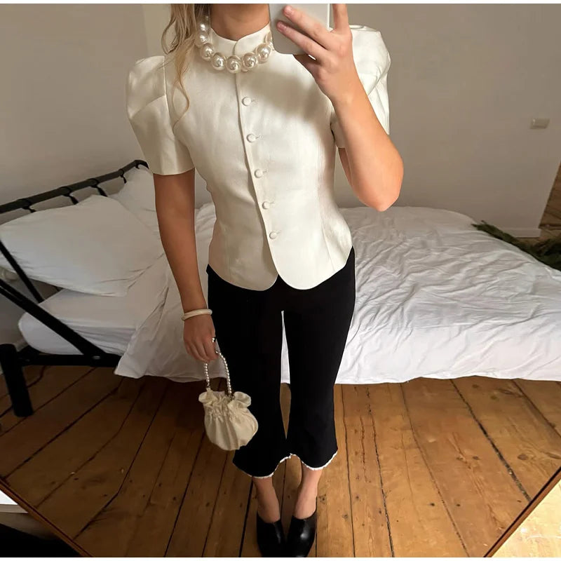 2026 Spring Summer Short Puff Sleeve Frog Button Shirt For Women Stand Collar  Single Breasted Blouse Lady Chic Street Party Top