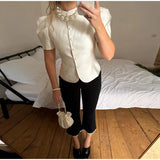 2026 Spring Summer Short Puff Sleeve Frog Button Shirt For Women Stand Collar  Single Breasted Blouse Lady Chic Street Party Top