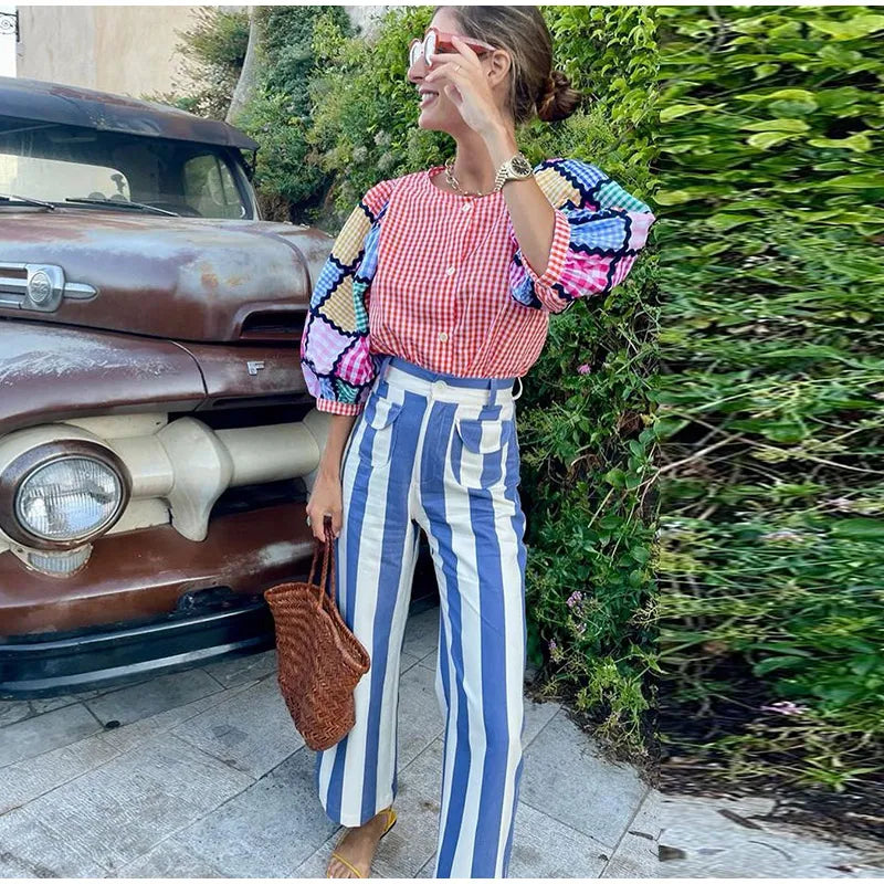 Street Striped Jeans Women's High-Waist Pockets Wide-Leg Trouser 2026 Spring Summer Retro Multicolor Vertical Stripe Denim Pant