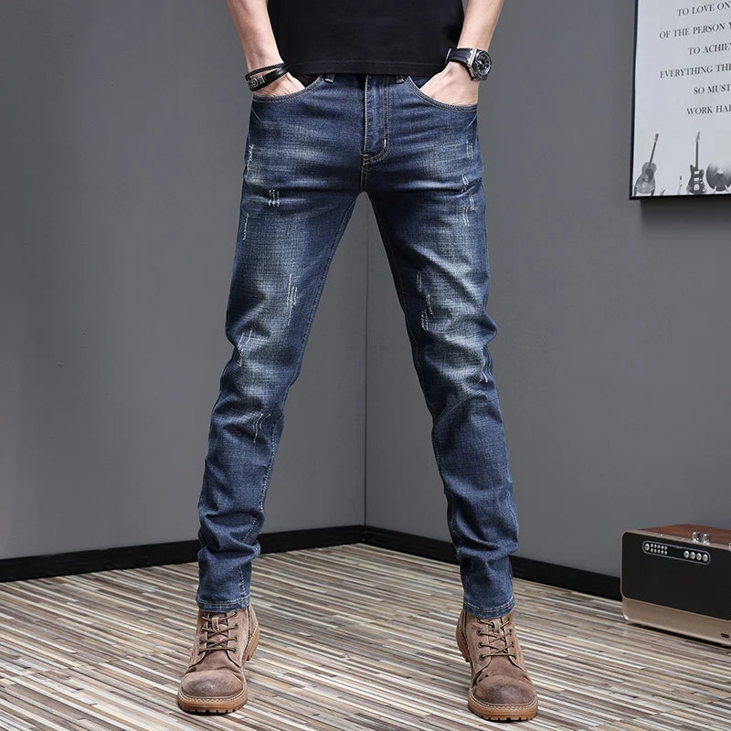 Embroidered Jeans Men's Autumn Winter New Korean Fashion Slim Little Feet Trousers Stretch Vintage Street Denim Trousers Male