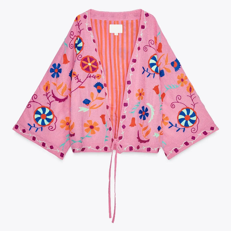 Chic Embroidered Women's Jacket – V-Neck Lace-Up Coat