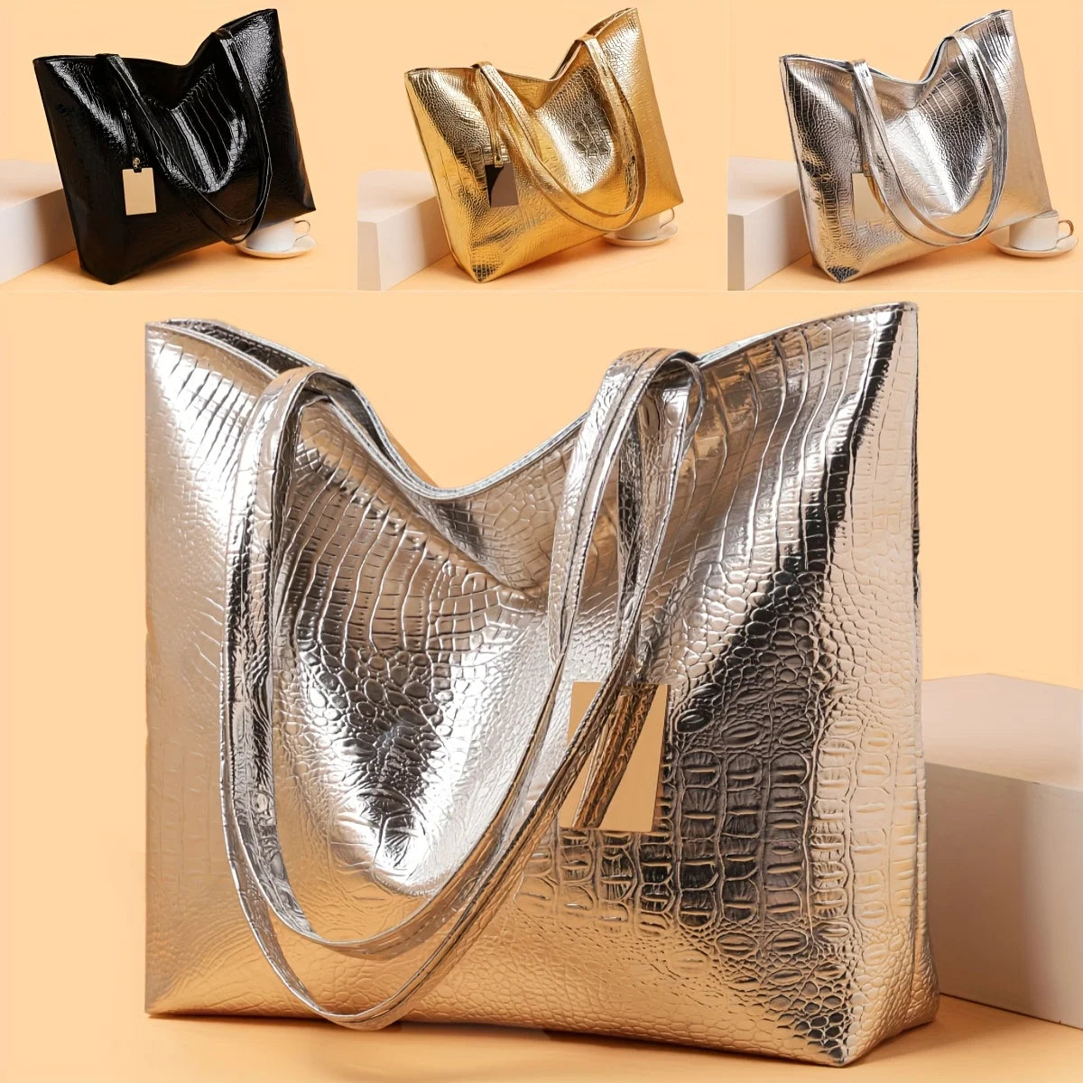 Women's Metallic PU Leather Tote Bag with Zipper