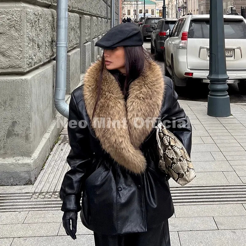 Women's Black Faux Leather Coat with Detachable Collar