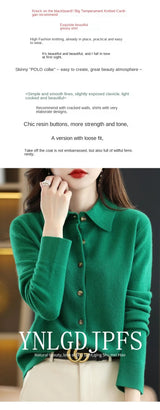 Polo Collar Spun Wool Cardigan – Elegant Single-Breasted Knit Jacket