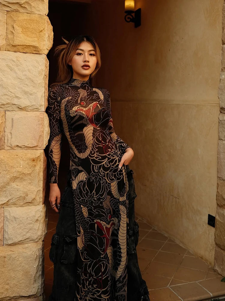 Women's Print Stand Collar Long-Line Slim Dress