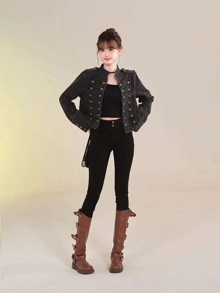Women's American Retro Denim Military Inspired Cropped Jacket Long Sleeve Stand Collar Casual Y2k Motorcycle Coat