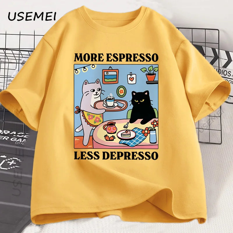 More Espresso Less Depresso Black Cat T-shirt Men Women Funny Coffee Cat T Shirt Casual Summer Cotton Short Sleeve Tshirt Tops