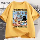 More Espresso Less Depresso Black Cat T-shirt Men Women Funny Coffee Cat T Shirt Casual Summer Cotton Short Sleeve Tshirt Tops
