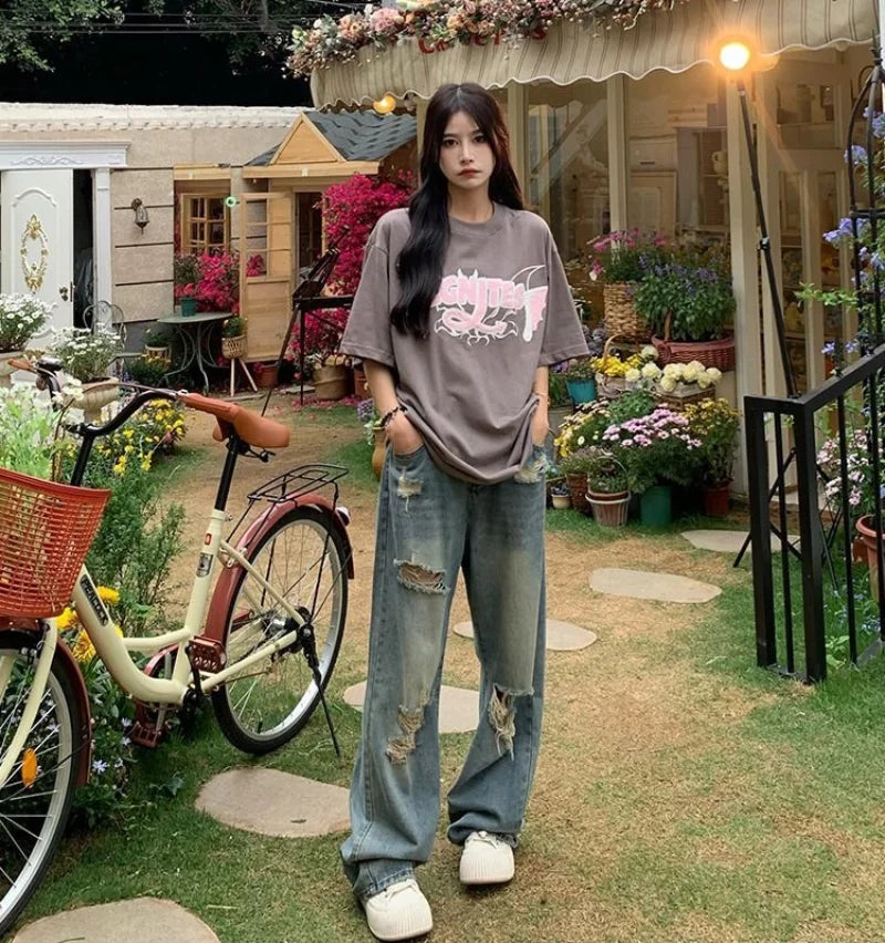 Y2K Vintage Wide-Leg Distressed Jeans