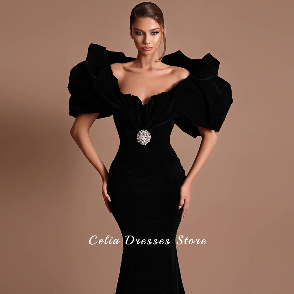 Velour Mermaid Evening Gown | Off-Shoulder Crystal