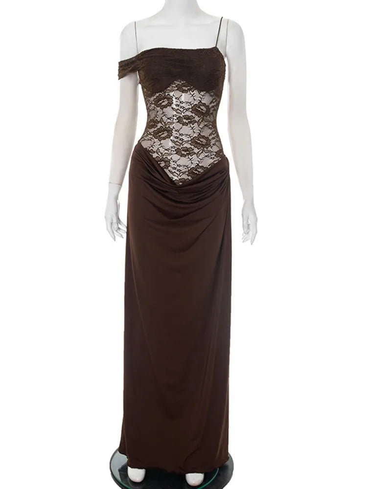One-Shoulder Lace Gown – Sleeveless Backless Maxi Club Dress